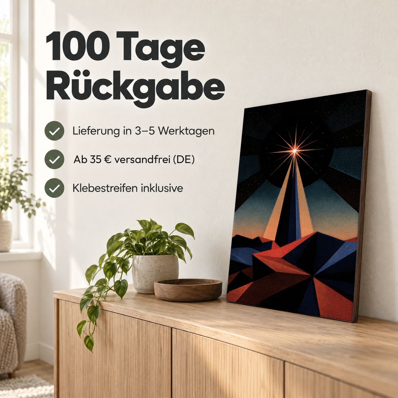 Holzposter Einzelner Stern im dunklen Winter: 100 Tage Rückgabe, Lieferung in 3–5 Werktagen, Klebestreifen inklusive