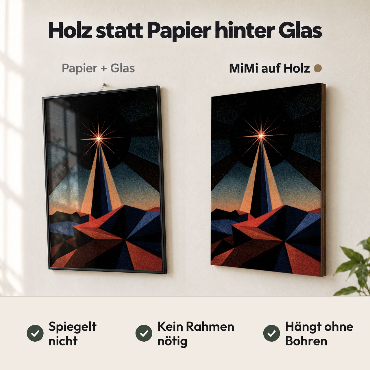 Holzposter Einzelner Stern im dunklen Winter im Vergleich: Papier hinter Glas spiegelt, MiMi auf Holz nicht