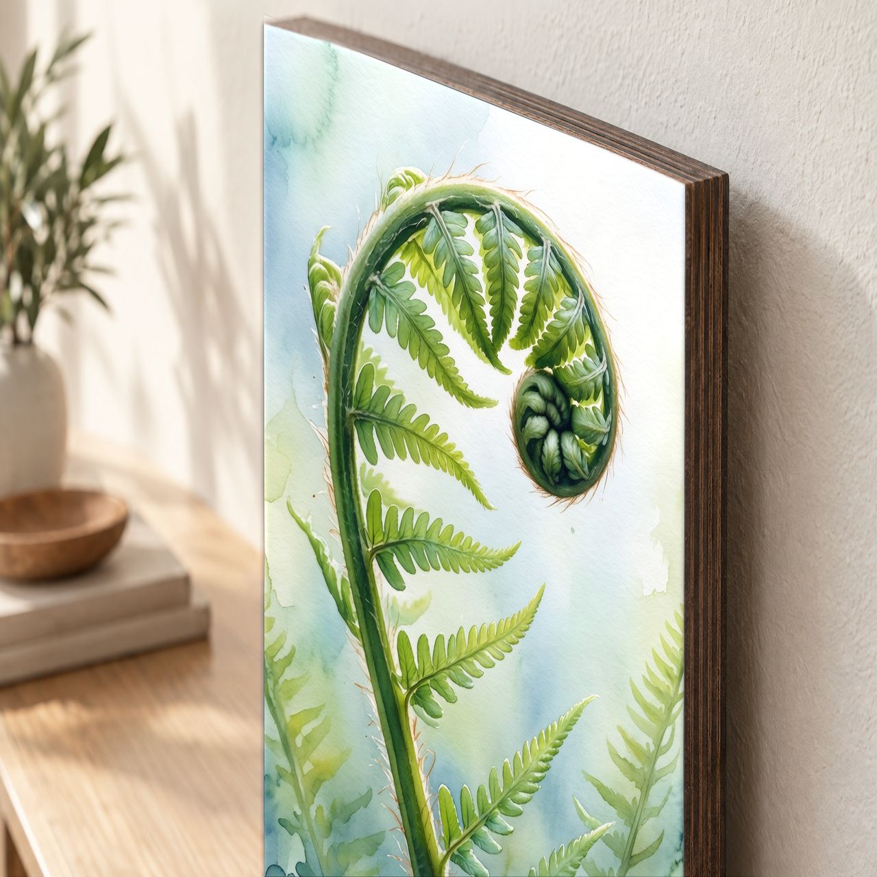 Holzposter Entfaltender Farnwedel im Tageslicht aus echtem Holz, 8–10 mm stark, mit sichtbarer Holzkante