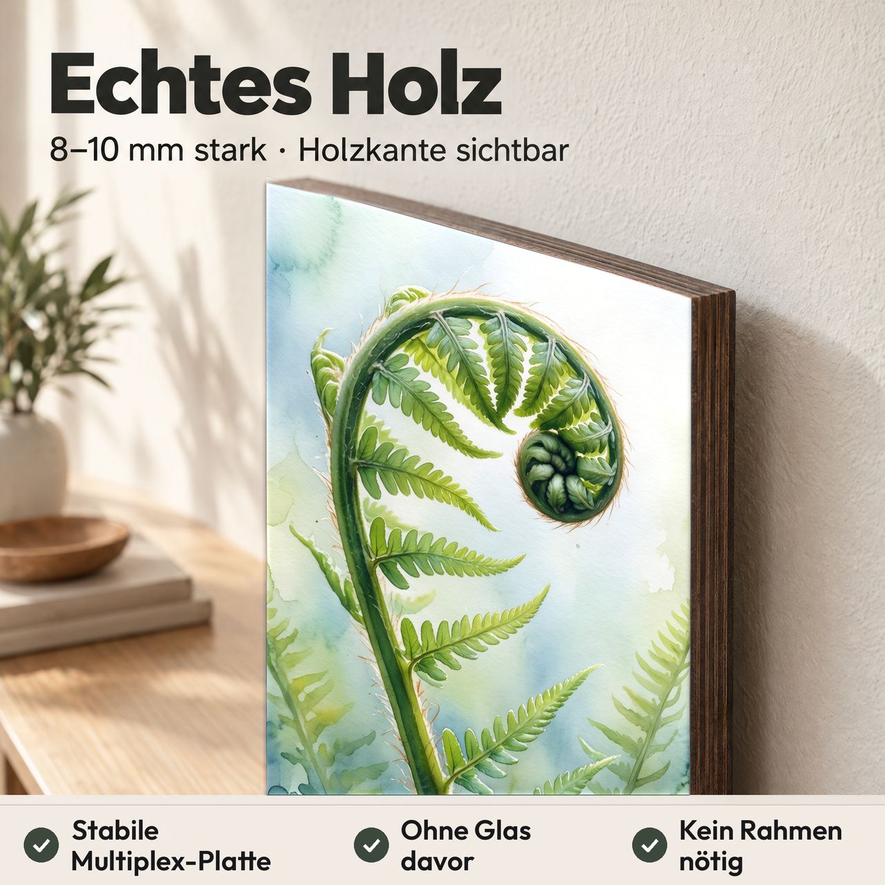 Holzposter Entfaltender Farnwedel im Tageslicht aus echtem Holz, 8–10 mm stark, mit sichtbarer Holzkante