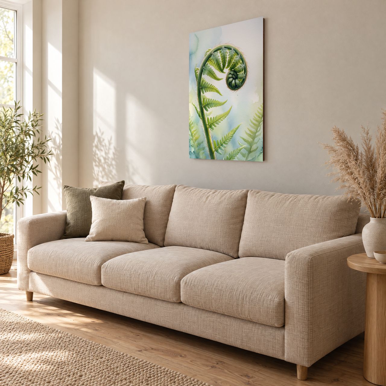 Entfaltender Farnwedel im Tageslicht Holzposter über einem hellen Sofa im Wohnzimmer, schräg von der Seite gesehen