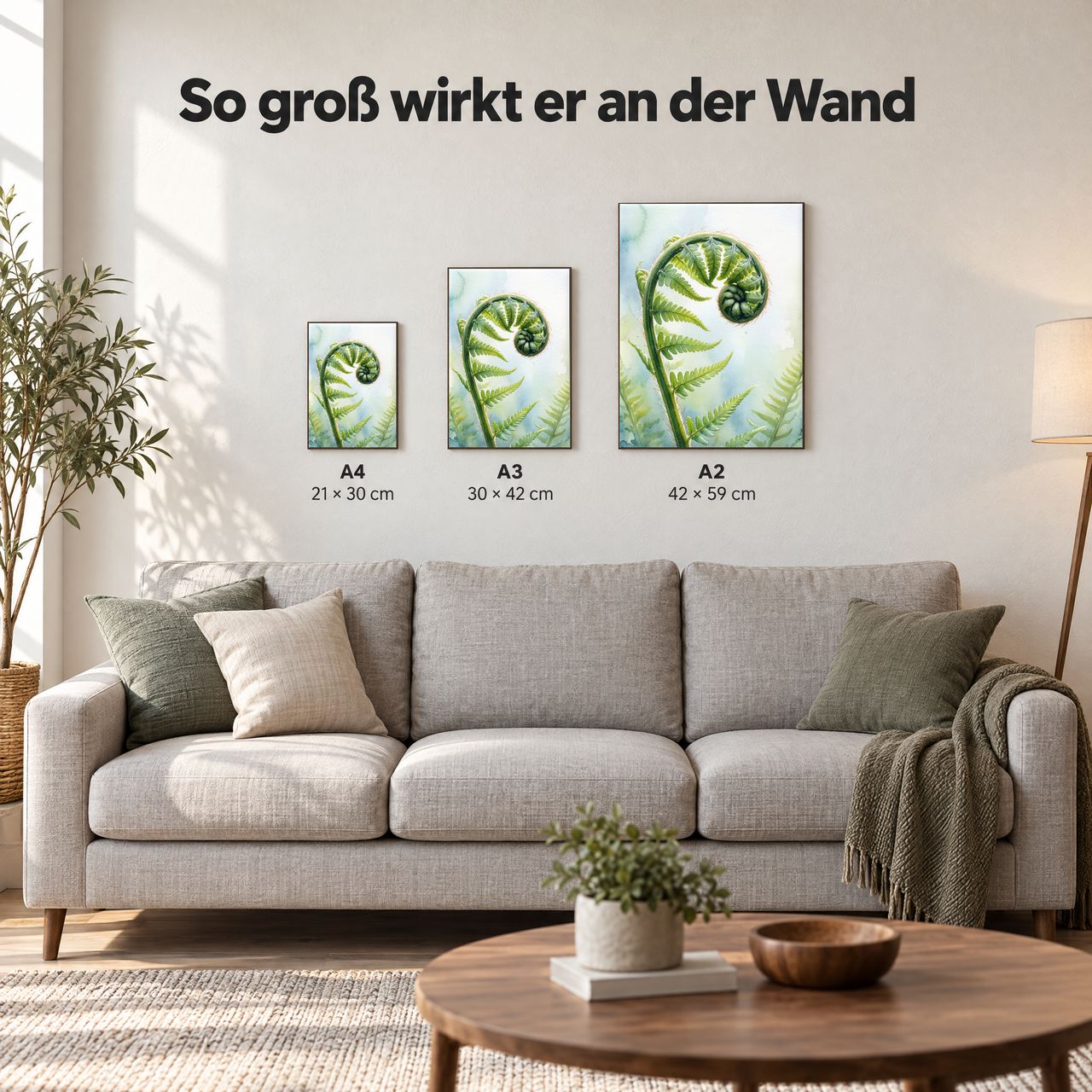 Holzposter Entfaltender Farnwedel im Tageslicht in A4, A3 und A2 an der Wand über dem Sofa: so groß wirkt er