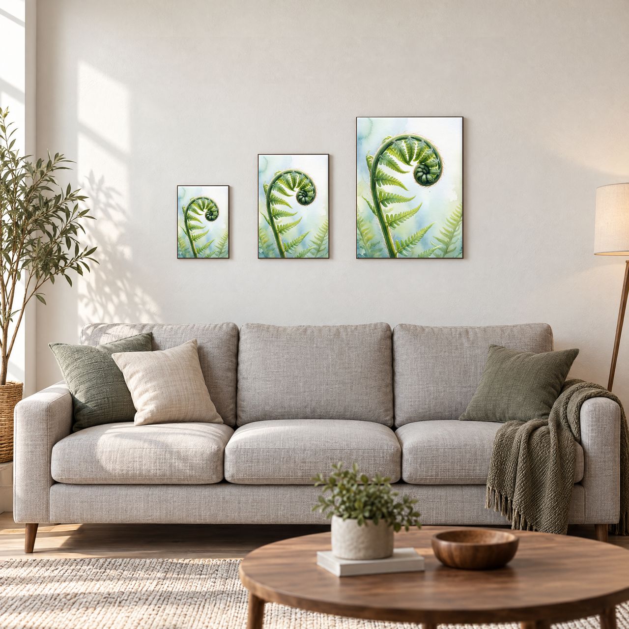 Holzposter Entfaltender Farnwedel im Tageslicht in drei Größen, A4, A3 und A2, an der Wand über dem Sofa