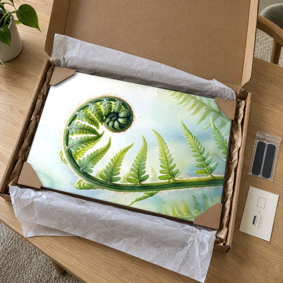 Holzposter Entfaltender Farnwedel im Tageslicht im Paket: mit Kantenschutz an allen vier Ecken und Seidenpapier verpackt