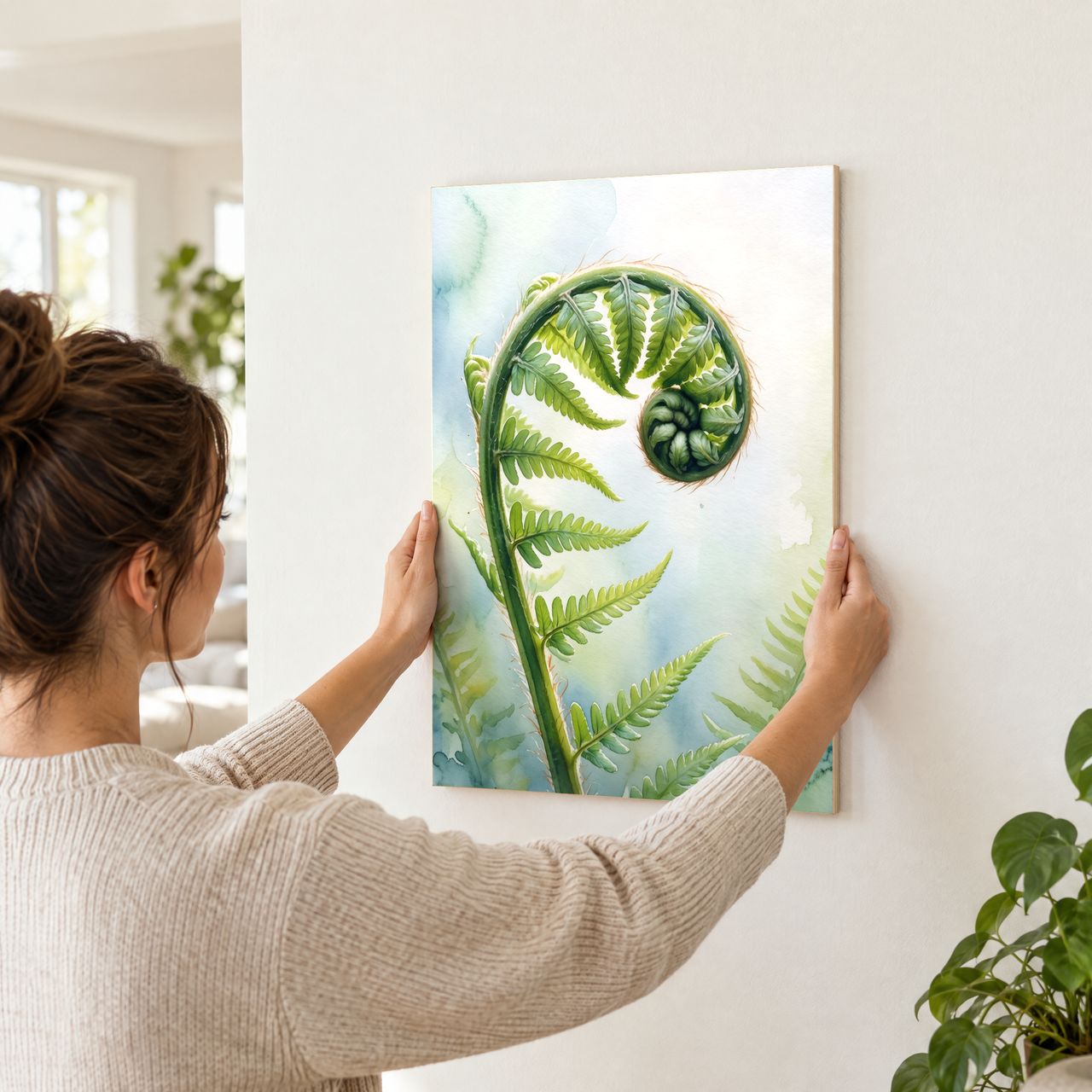 Entfaltender Farnwedel im Tageslicht Holzposter in den Händen gehalten