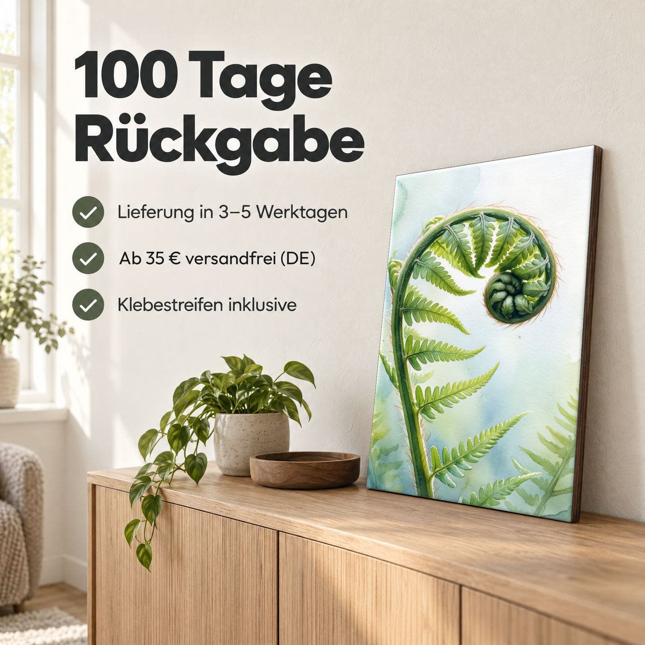 Holzposter Entfaltender Farnwedel im Tageslicht: 100 Tage Rückgabe, Lieferung in 3–5 Werktagen, Klebestreifen inklusive
