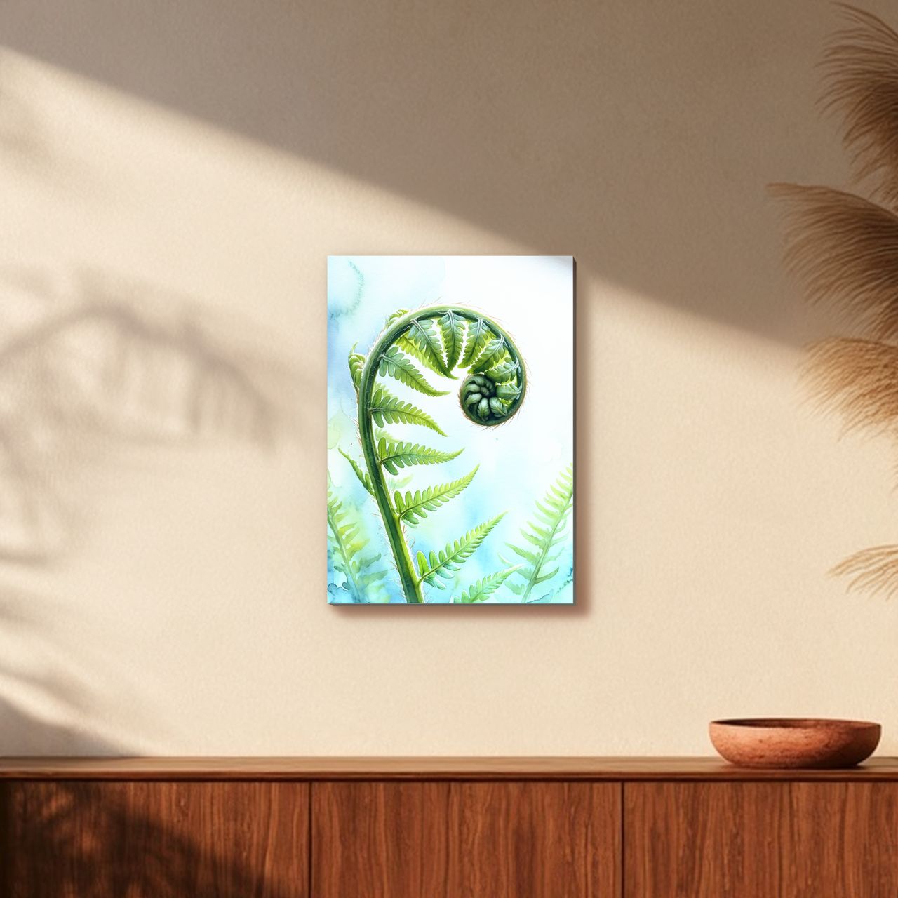 Entfaltender Farnwedel im Tageslicht Holzposter an der Wand im sonnigen Wohnzimmer