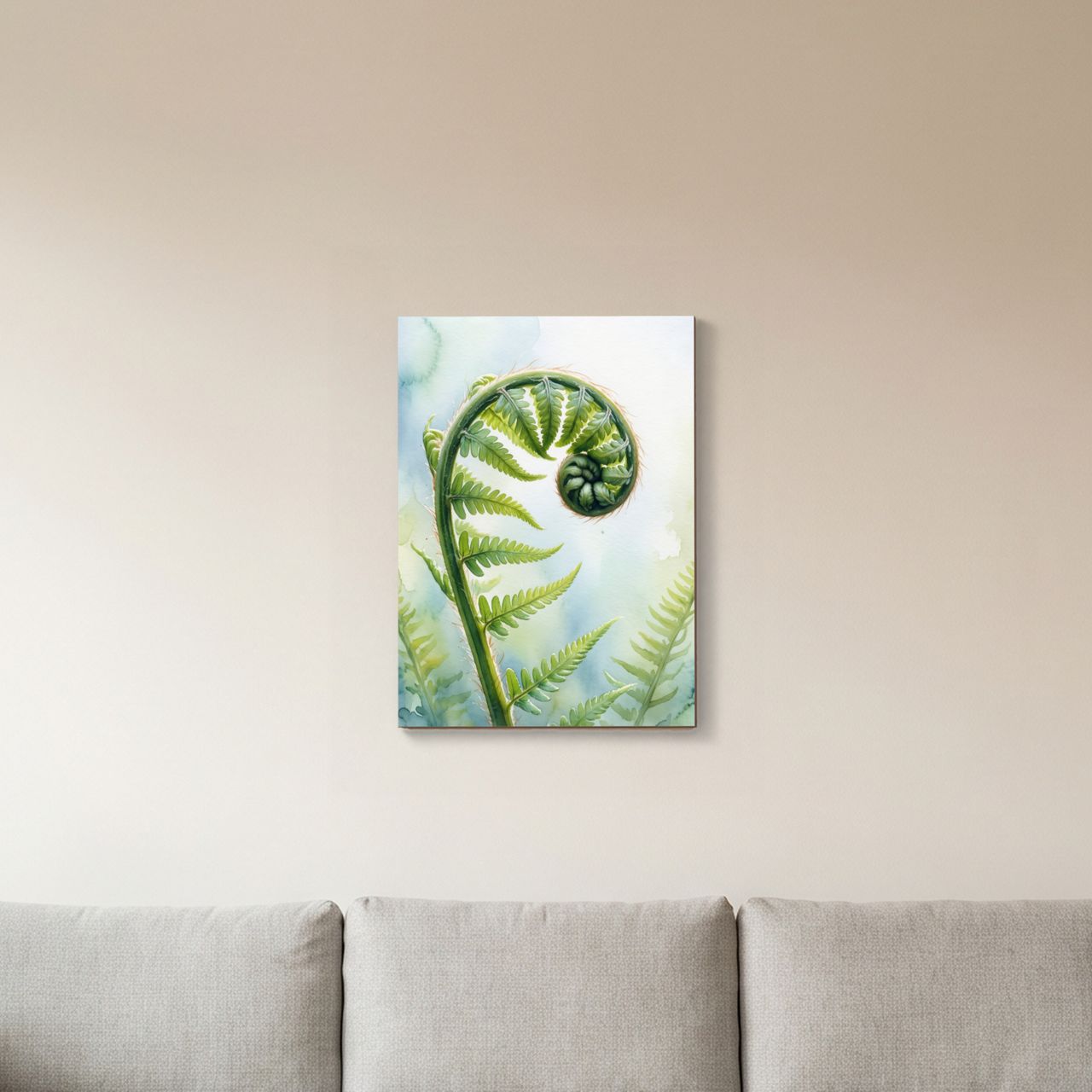 Das Holzposter mit Farnwedel hängt an einer hellen Wohnzimmerwand