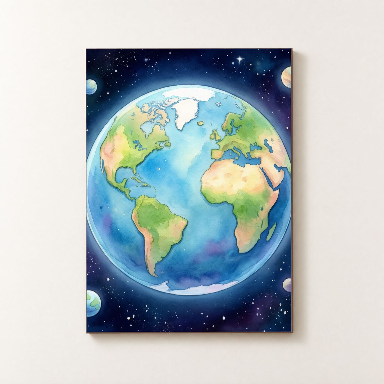 Vorderansicht des Holzposters mit einer Aquarell‑Erde und einem leuchtenden Halo