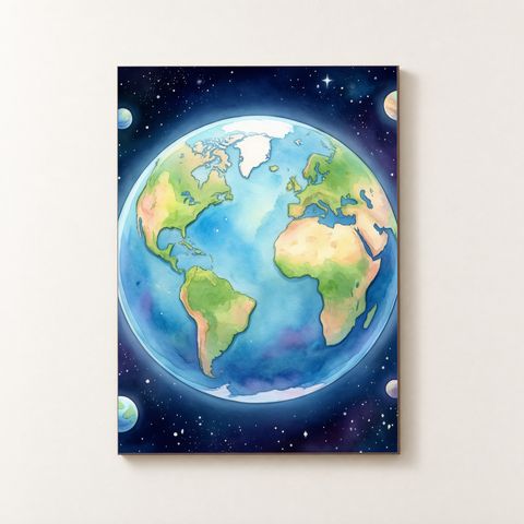 Vorderansicht des Holzposters mit einer Aquarell‑Erde und einem leuchtenden Halo