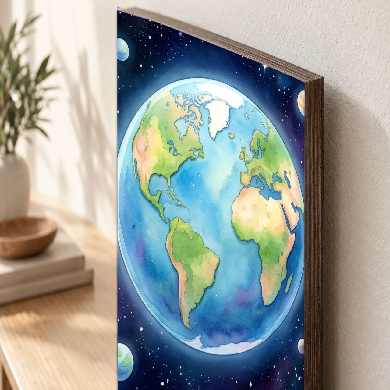 Holzposter Erde mit Mondring aus echtem Holz, 8–10 mm stark, mit sichtbarer Holzkante