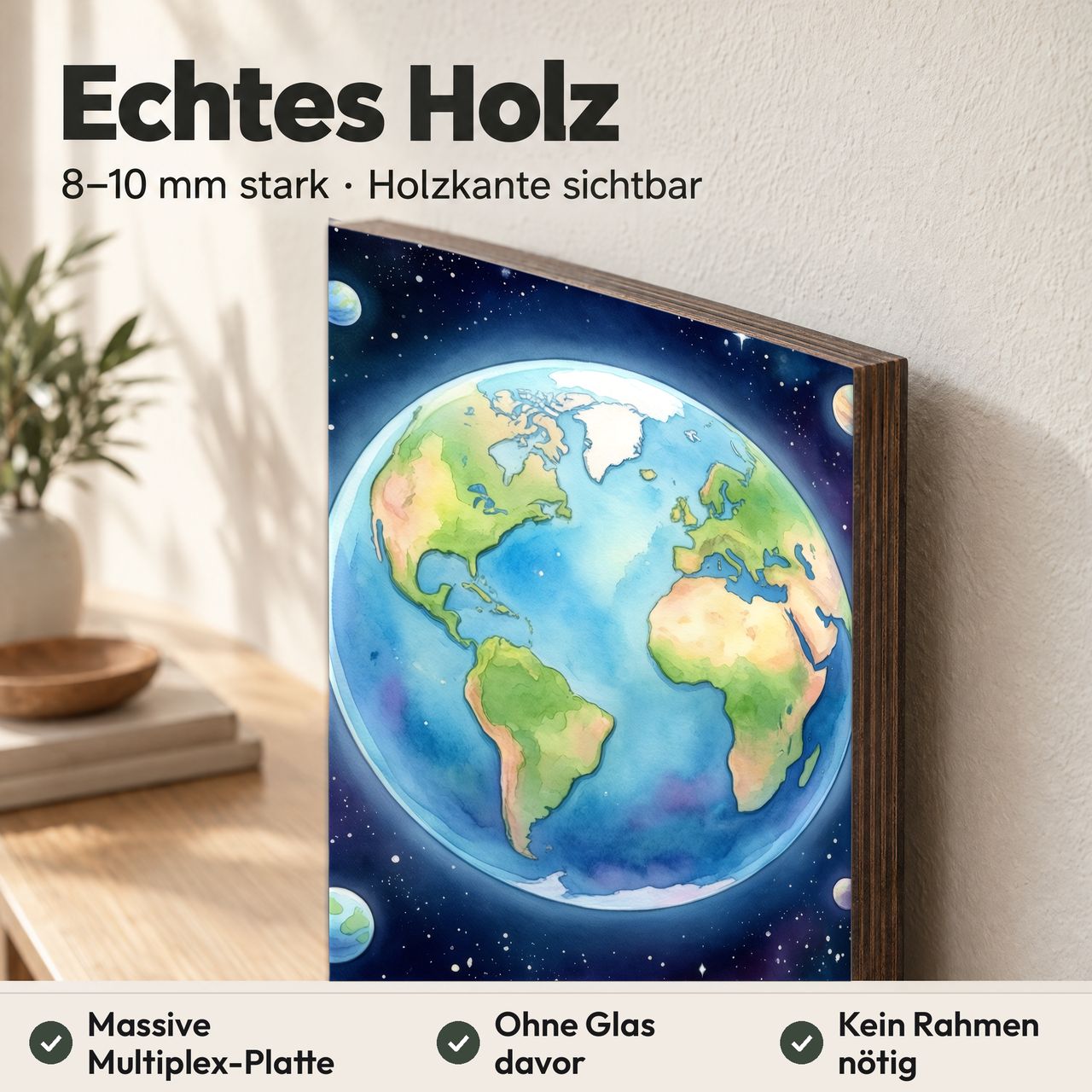 Holzposter Erde mit Mondring aus echtem Holz, 8–10 mm stark, mit sichtbarer Holzkante