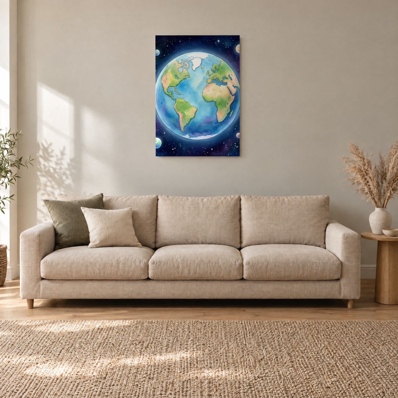 Erde mit Mondring Holzposter an der Wand im Wohnzimmer