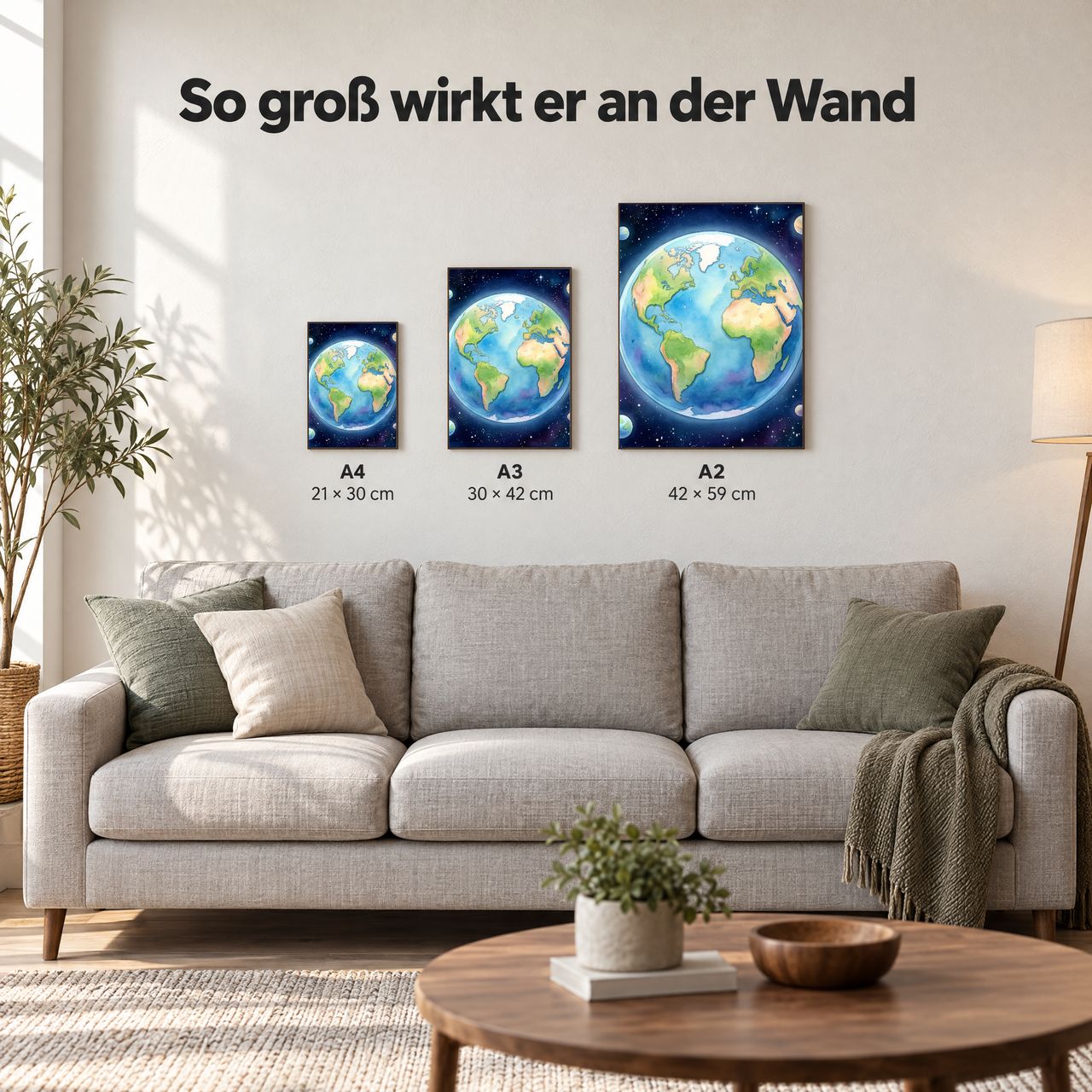 Holzposter Erde mit Mondring in A4, A3 und A2 an der Wand über dem Sofa: so groß wirkt er