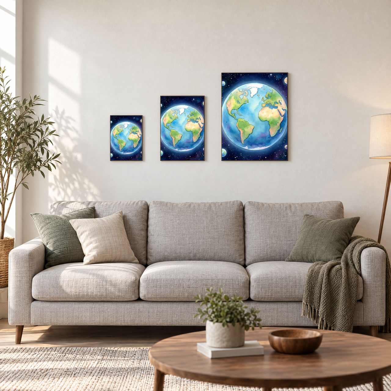 Holzposter Erde mit Mondring in drei Größen, A4, A3 und A2, an der Wand über dem Sofa