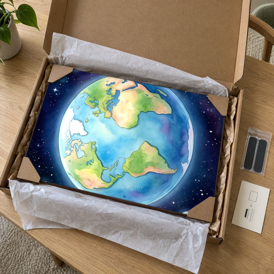 Holzposter Erde mit Mondring im Paket: mit Kantenschutz an allen vier Ecken und Seidenpapier verpackt