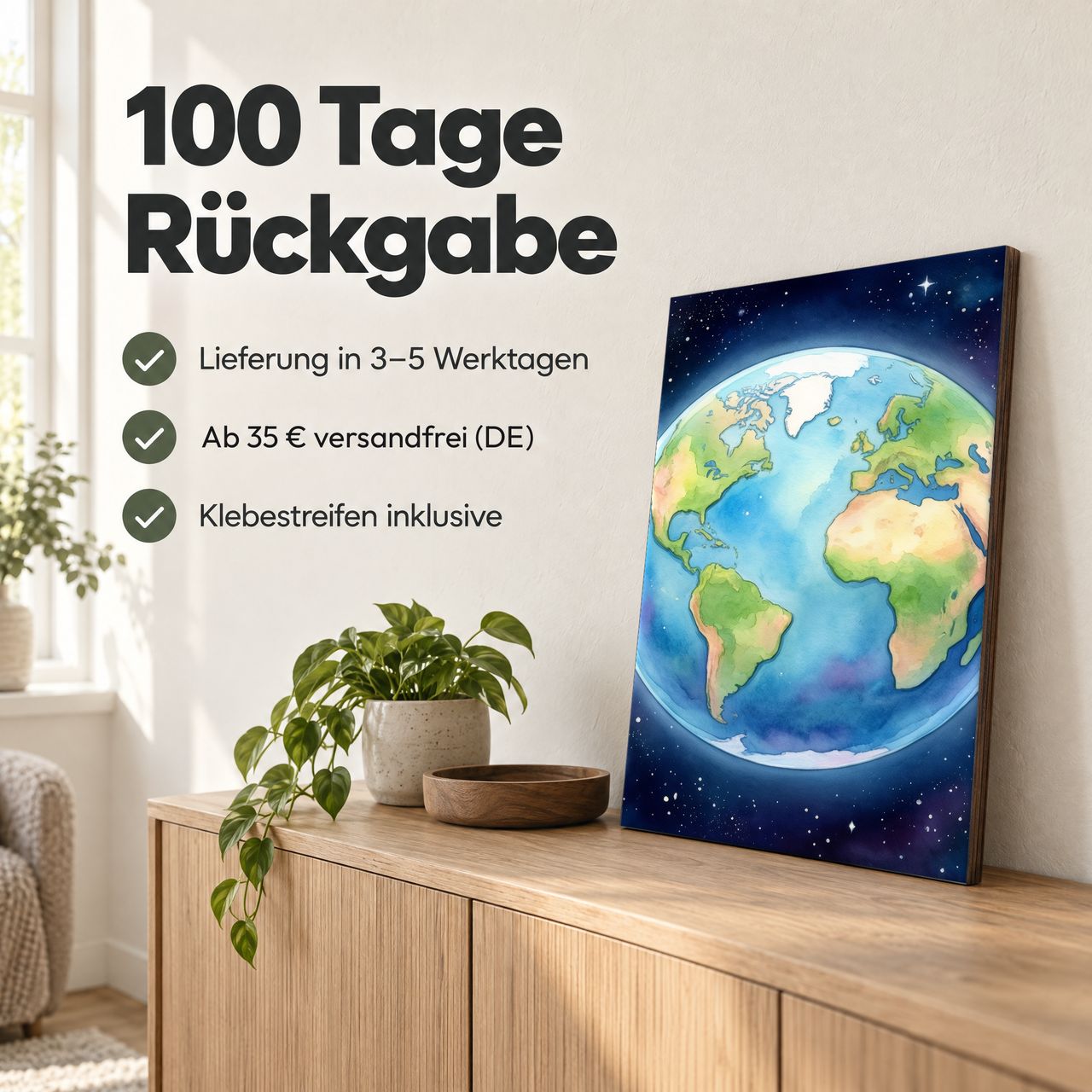 Holzposter Erde mit Mondring: 100 Tage Rückgabe, Lieferung in 3–5 Werktagen, Klebestreifen inklusive