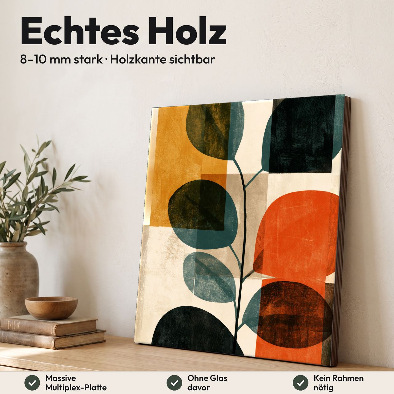 Holzposter Eukalyptuszweig mit runden Blättern in Terrakotta im Quadrat aus echtem Holz, 8–10 mm stark, mit sichtbarer Holzkante