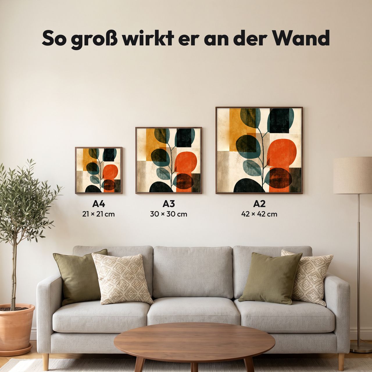 Holzposter Eukalyptuszweig mit runden Blättern in Terrakotta im Quadrat in A4, A3 und A2 an der Wand über dem Sofa: so groß wirkt er