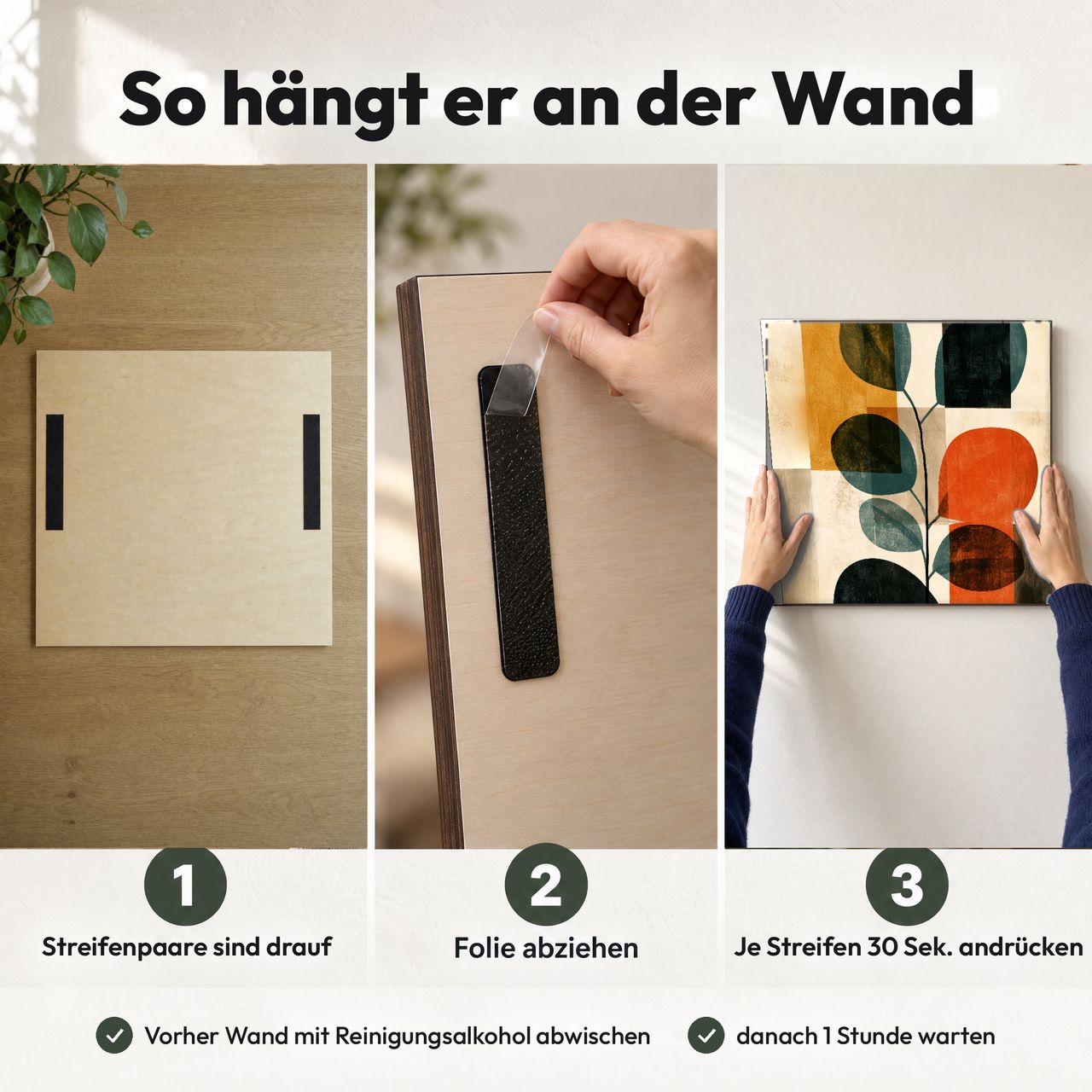 Holzposter Eukalyptuszweig mit runden Blättern in Terrakotta im Quadrat in 3 Schritten an der Wand: Streifen sind drauf, Folie abziehen, andrücken