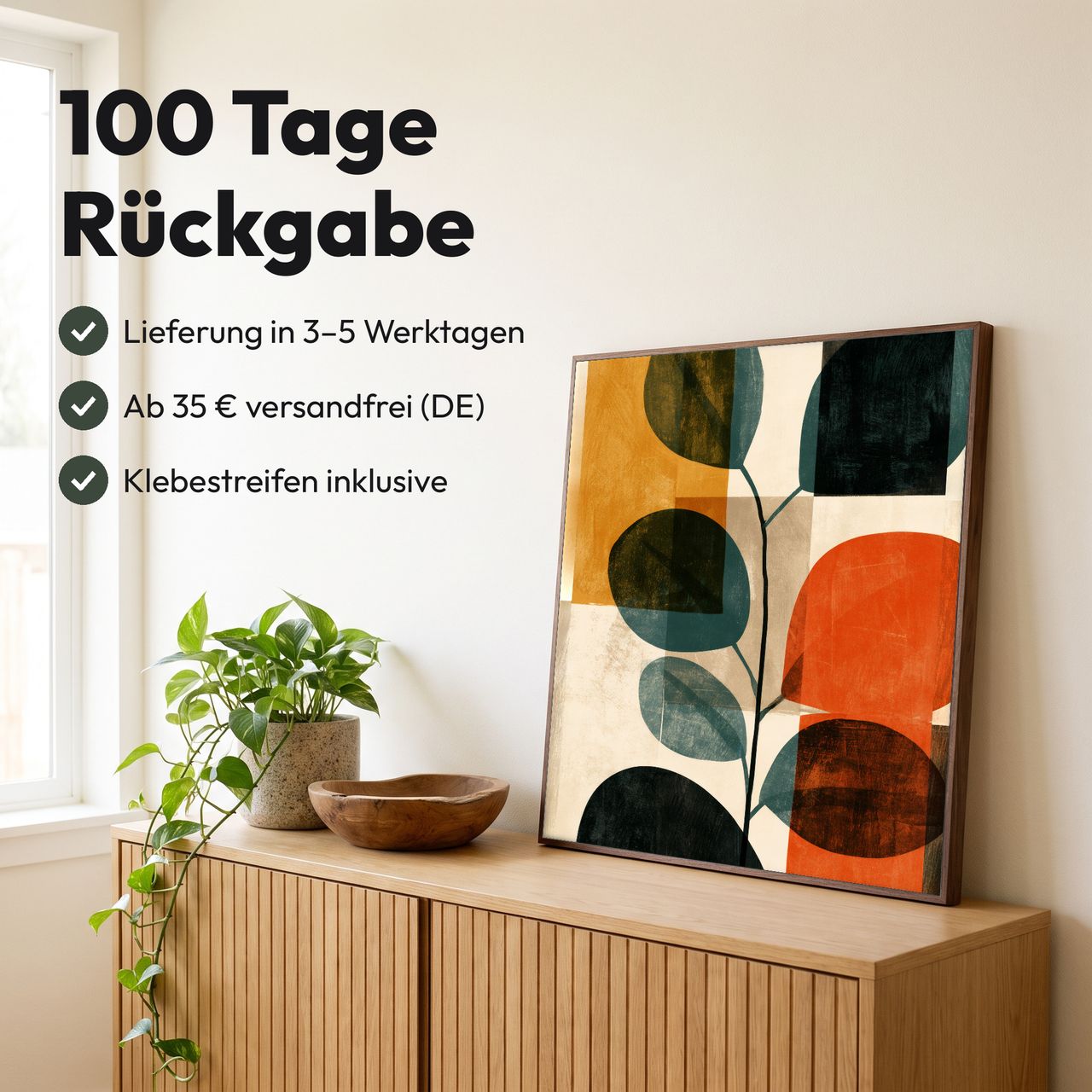 Holzposter Eukalyptuszweig mit runden Blättern in Terrakotta im Quadrat: 100 Tage Rückgabe, Lieferung in 3–5 Werktagen, Klebestreifen inklusive
