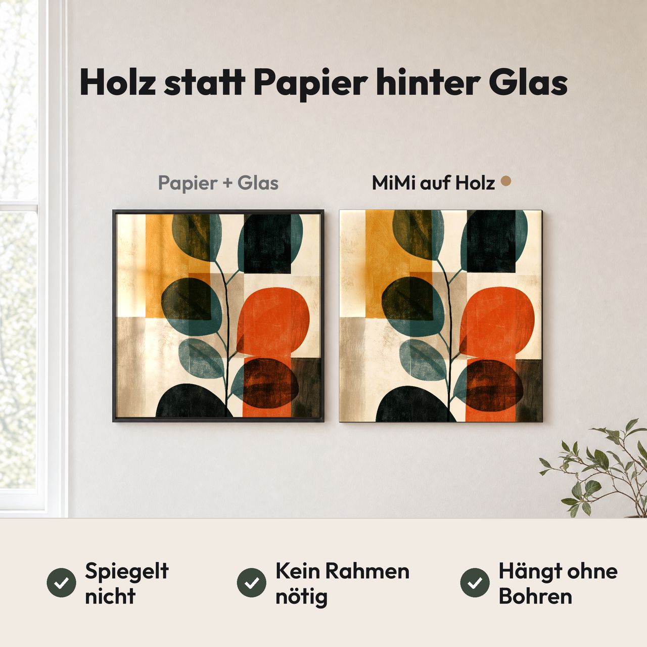 Holzposter Eukalyptuszweig mit runden Blättern in Terrakotta im Quadrat im Vergleich: Papier hinter Glas spiegelt, MiMi auf Holz nicht