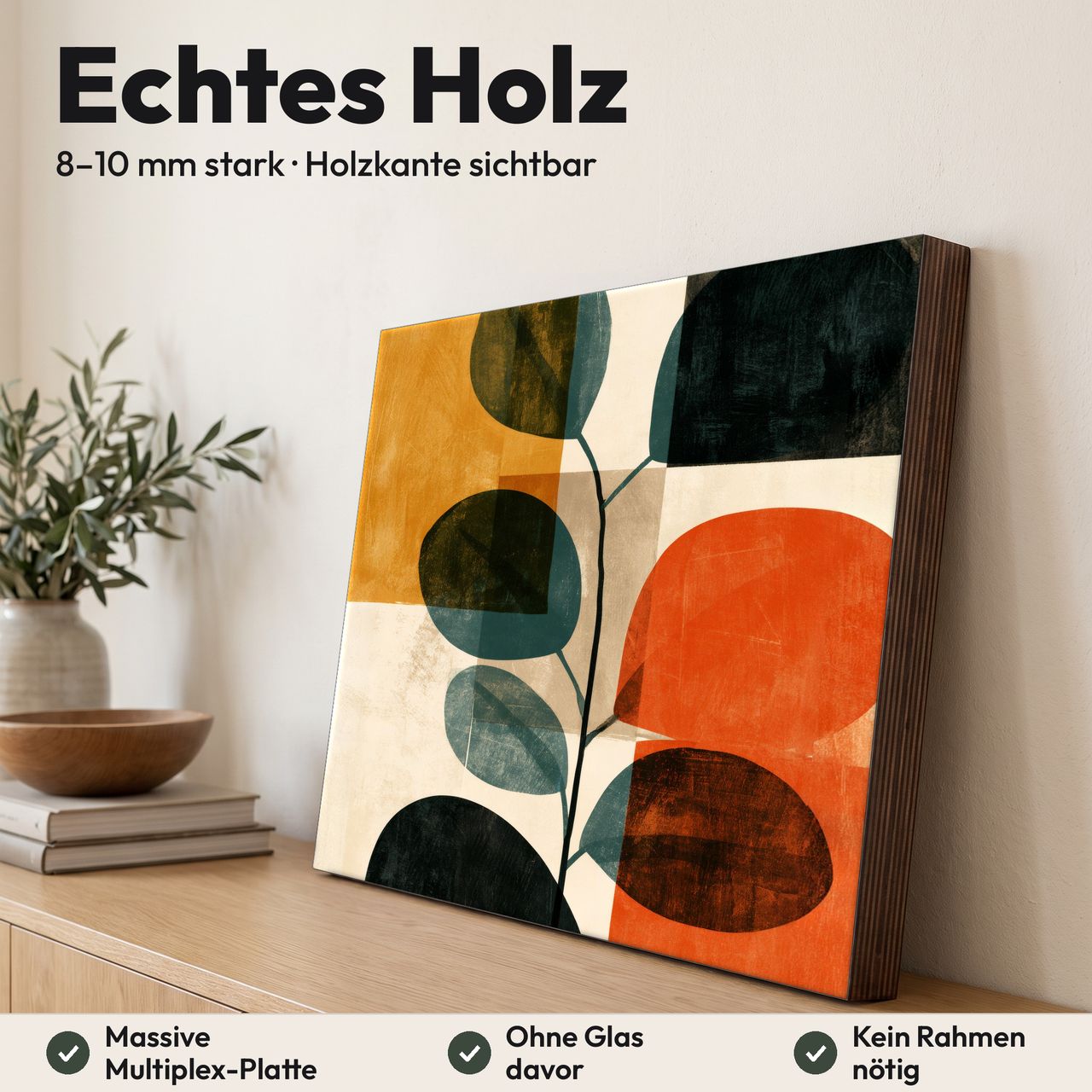 Holzposter Eukalyptuszweig mit runden Blättern in Terrakotta im Querformat aus echtem Holz, 8–10 mm stark, mit sichtbarer Holzkante