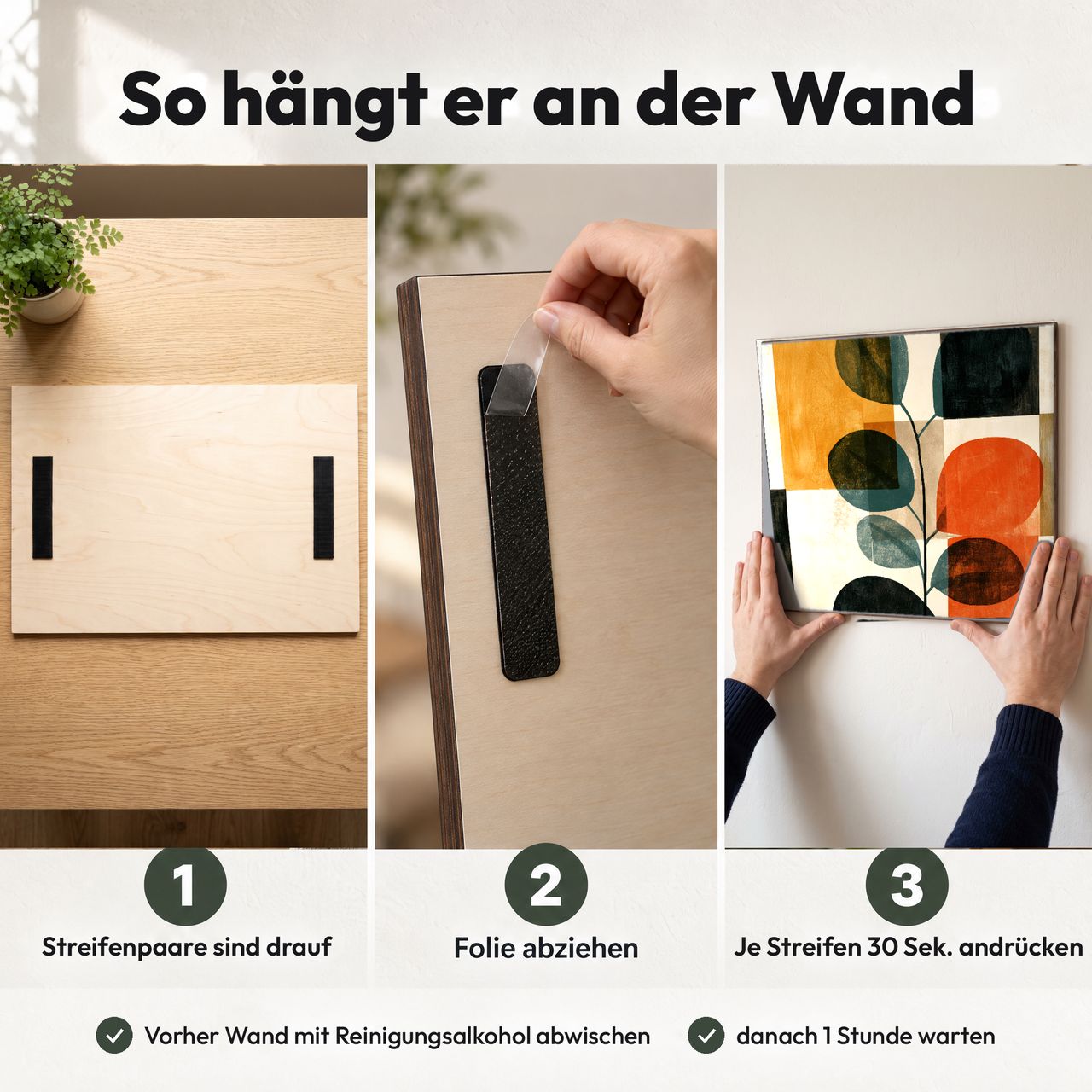Holzposter Eukalyptuszweig mit runden Blättern in Terrakotta im Querformat in 3 Schritten an der Wand: Streifen sind drauf, Folie abziehen, andrücken