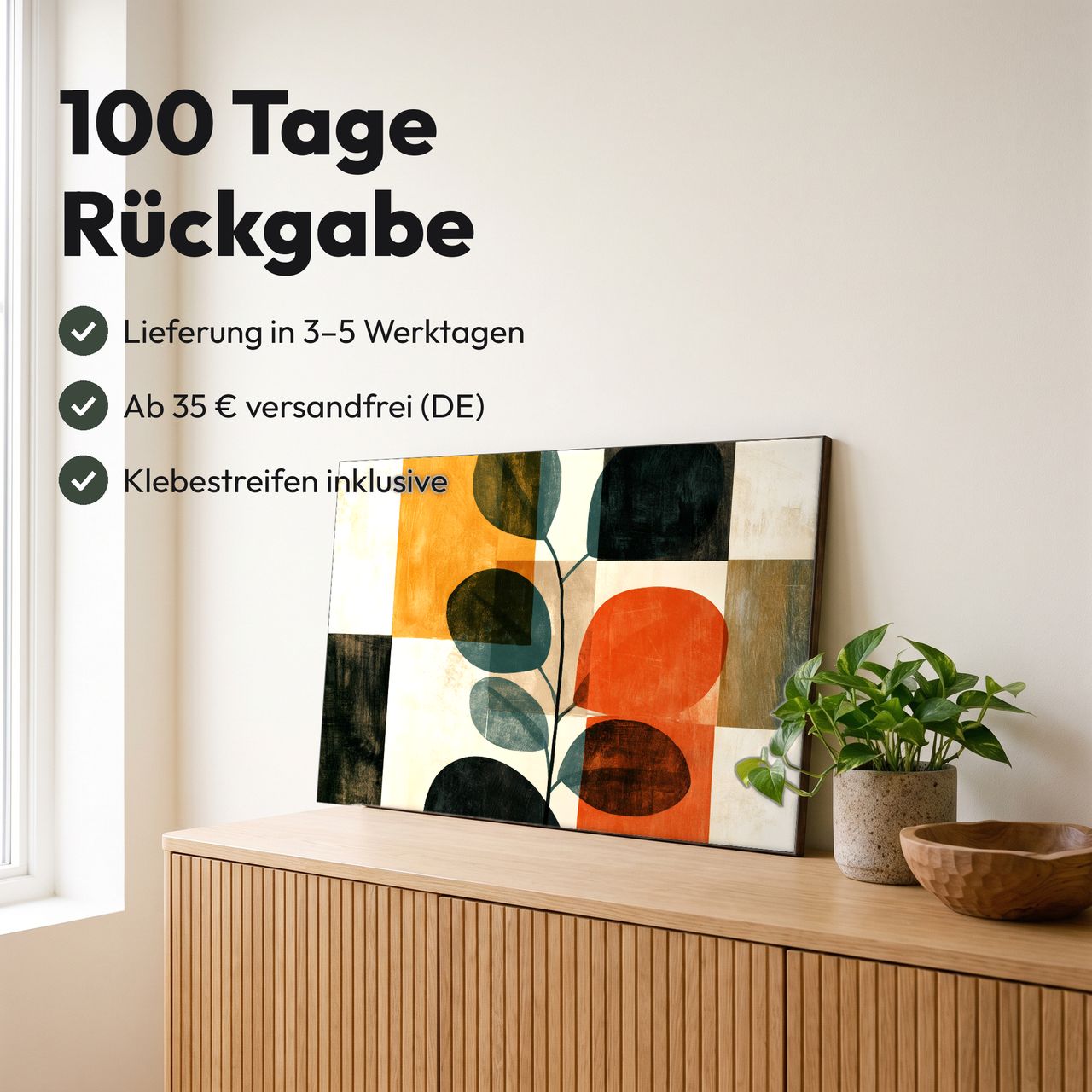 Holzposter Eukalyptuszweig mit runden Blättern in Terrakotta im Querformat: 100 Tage Rückgabe, Lieferung in 3–5 Werktagen, Klebestreifen inklusive
