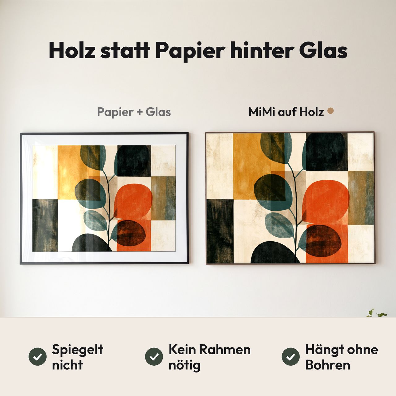 Holzposter Eukalyptuszweig mit runden Blättern in Terrakotta im Querformat im Vergleich: Papier hinter Glas spiegelt, MiMi auf Holz nicht