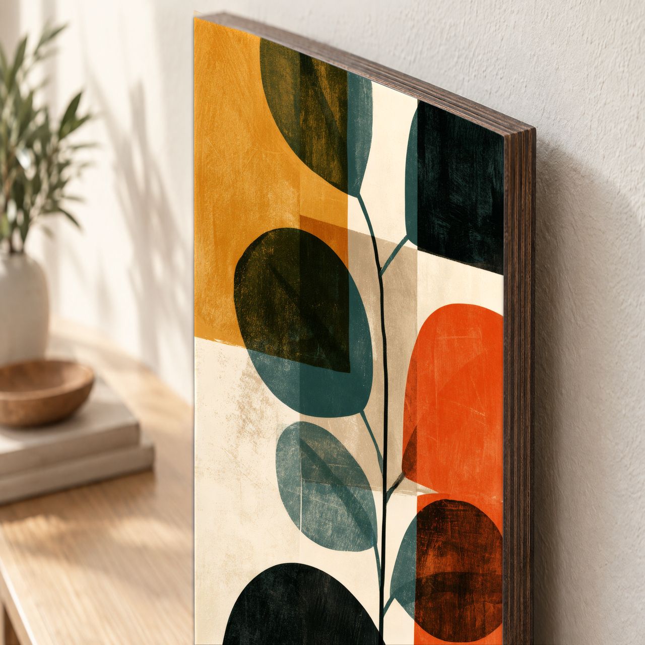 Holzposter Eukalyptuszweig mit runden Blättern in Terrakotta aus echtem Holz, 8–10 mm stark, mit sichtbarer Holzkante
