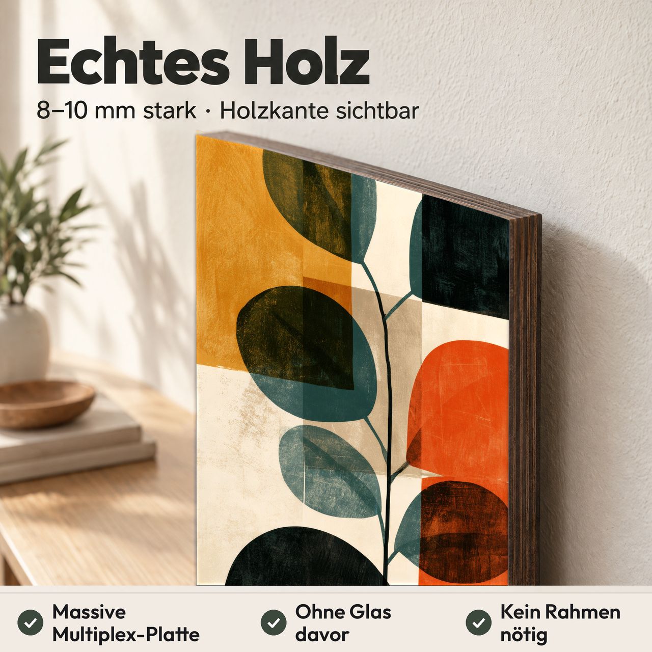Holzposter Eukalyptuszweig mit runden Blättern in Terrakotta aus echtem Holz, 8–10 mm stark, mit sichtbarer Holzkante
