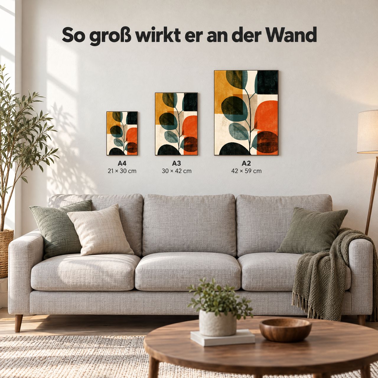 Holzposter Eukalyptuszweig mit runden Blättern in Terrakotta in A4, A3 und A2 an der Wand über dem Sofa: so groß wirkt er