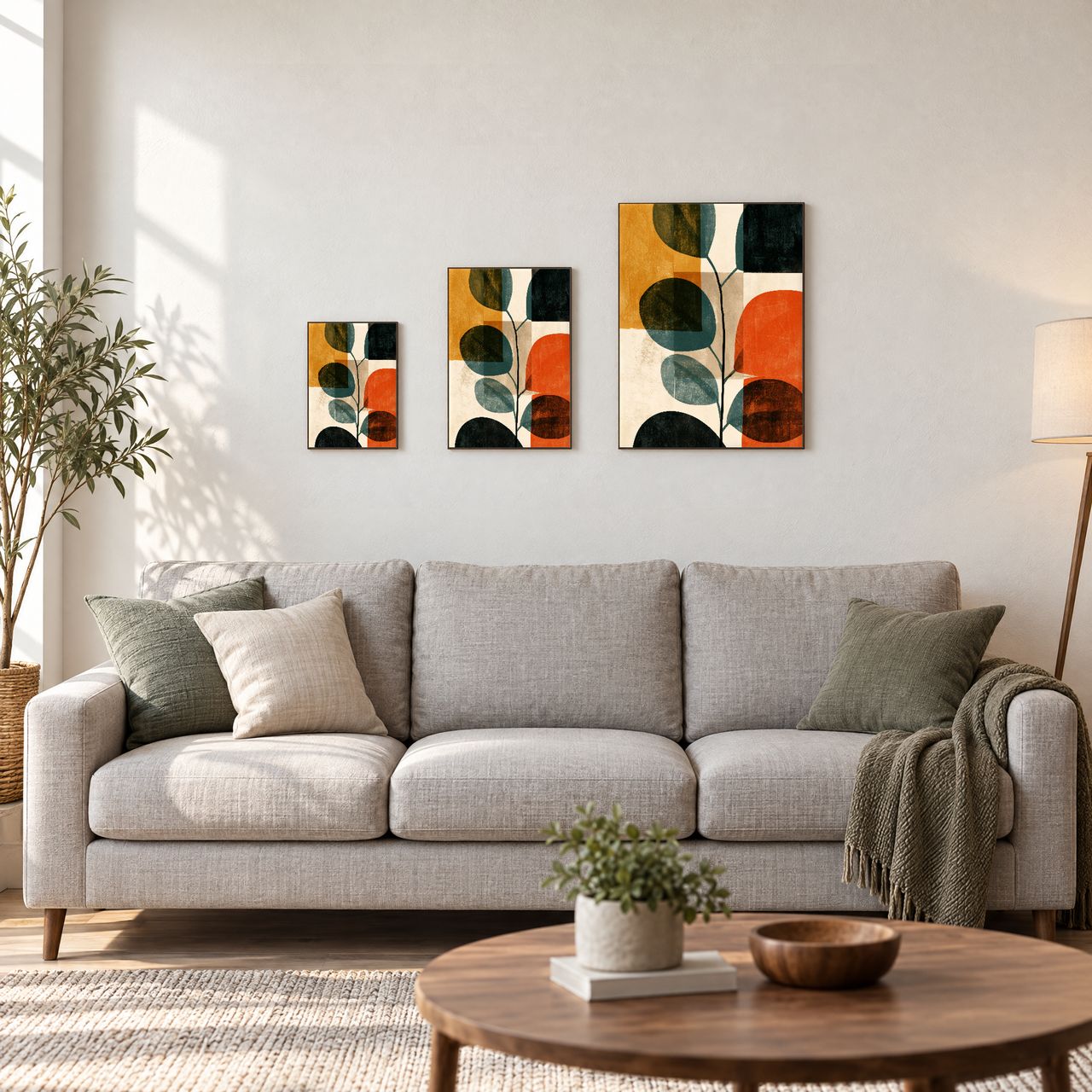 Holzposter Eukalyptuszweig mit runden Blättern in Terrakotta in drei Größen, A4, A3 und A2, an der Wand über dem Sofa