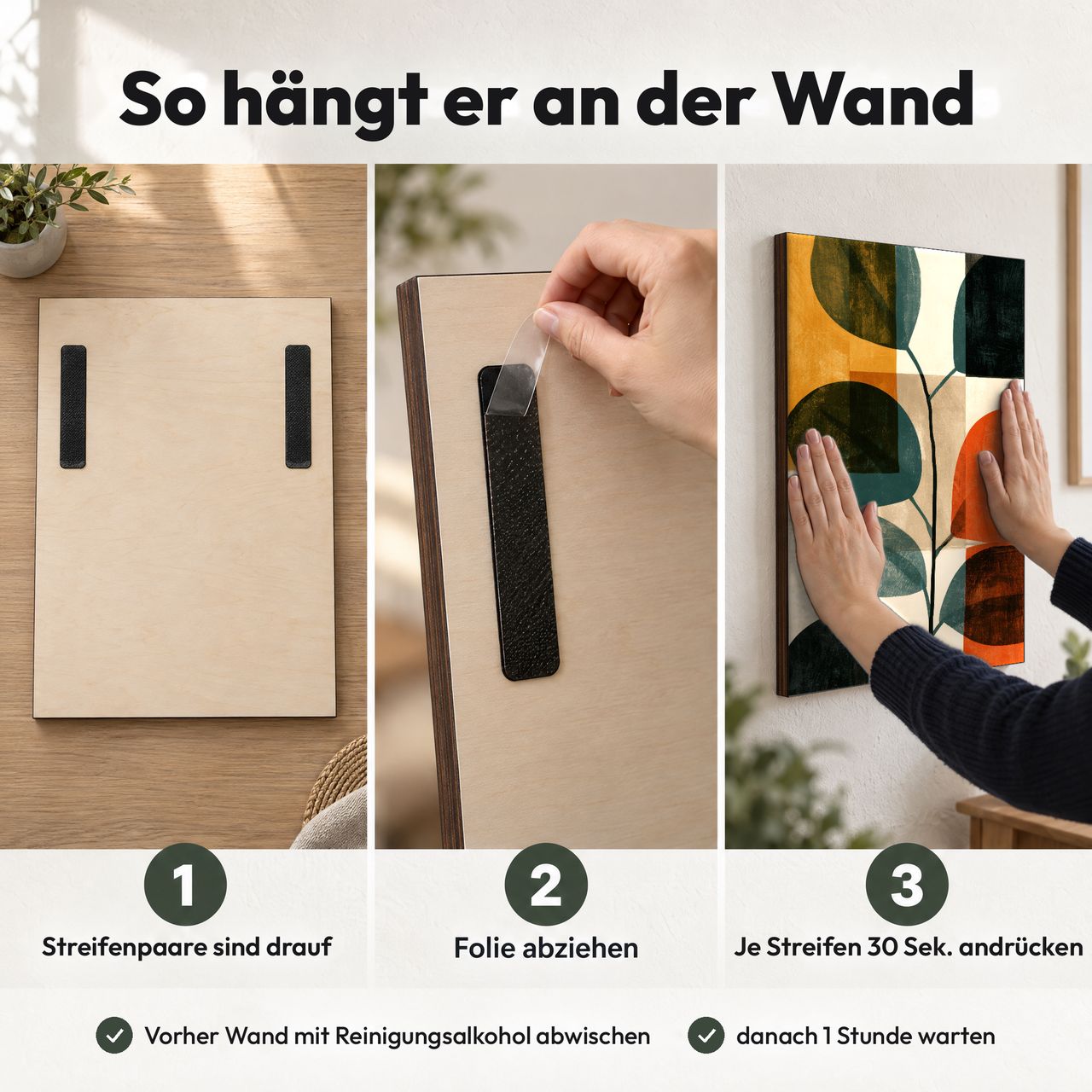 Holzposter Eukalyptuszweig mit runden Blättern in Terrakotta in 3 Schritten an der Wand: Streifen sind drauf, Folie abziehen, andrücken