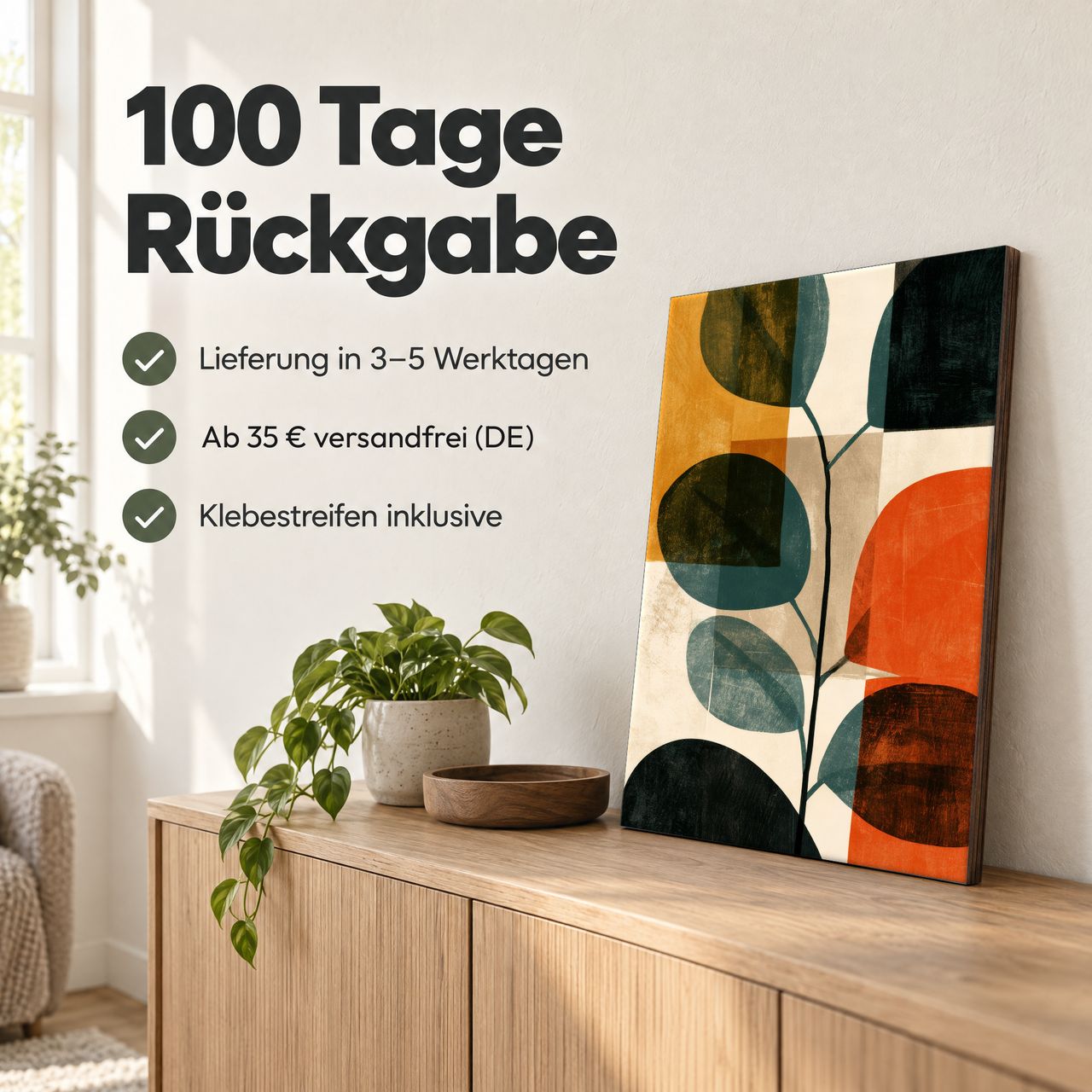 Holzposter Eukalyptuszweig mit runden Blättern in Terrakotta: 100 Tage Rückgabe, Lieferung in 3–5 Werktagen, Klebestreifen inklusive