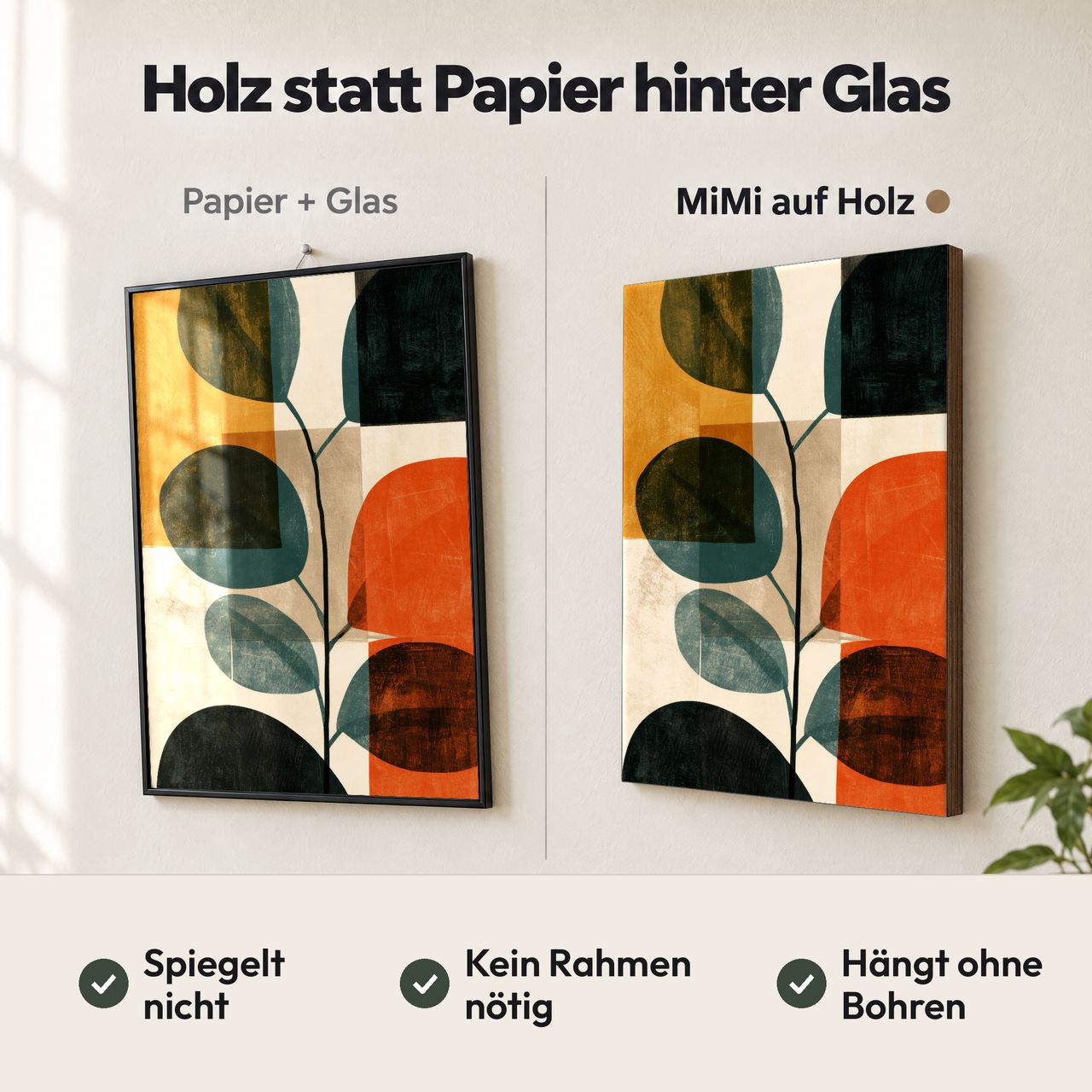 Holzposter Eukalyptuszweig mit runden Blättern in Terrakotta im Vergleich: Papier hinter Glas spiegelt, MiMi auf Holz nicht