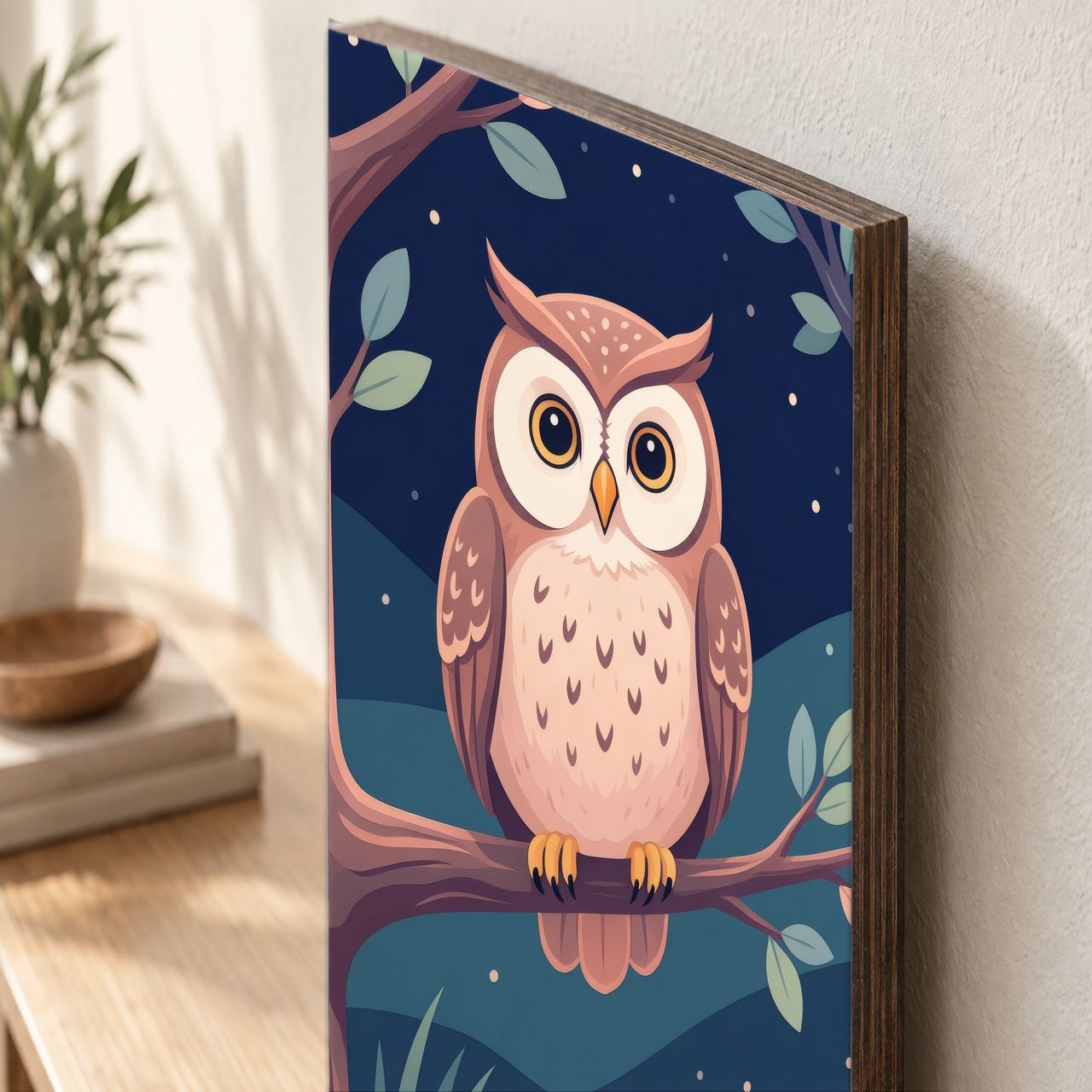 Holzposter Eule auf Ast aus echtem Holz, 8–10 mm stark, mit sichtbarer Holzkante