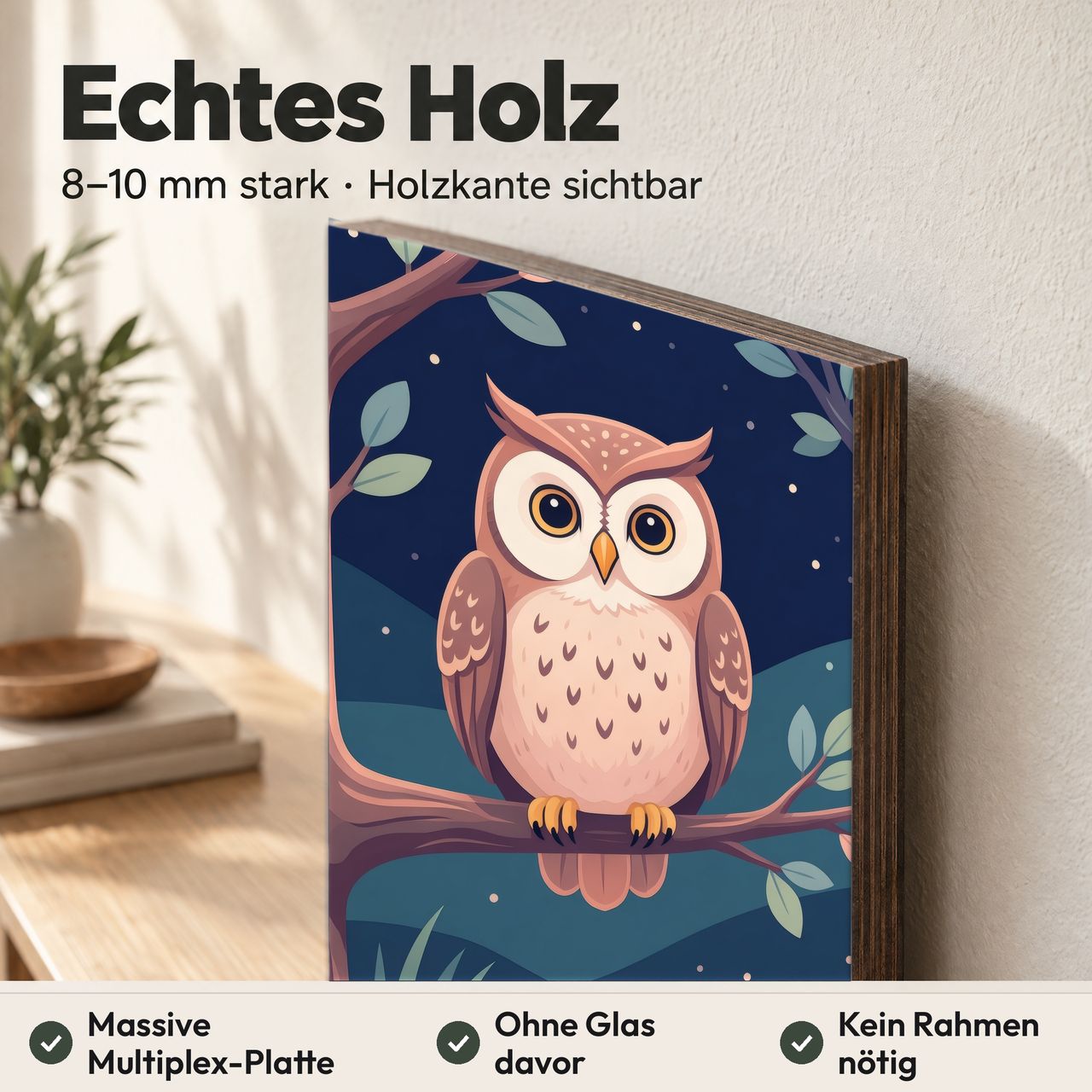 Holzposter Eule auf Ast aus echtem Holz, 8–10 mm stark, mit sichtbarer Holzkante