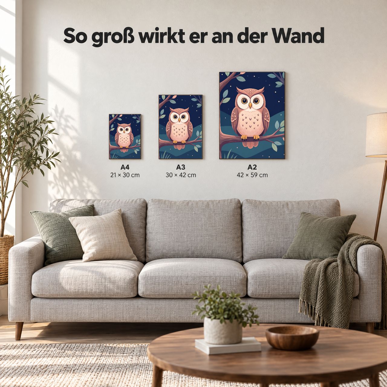 Holzposter Eule auf Ast in A4, A3 und A2 an der Wand über dem Sofa: so groß wirkt er