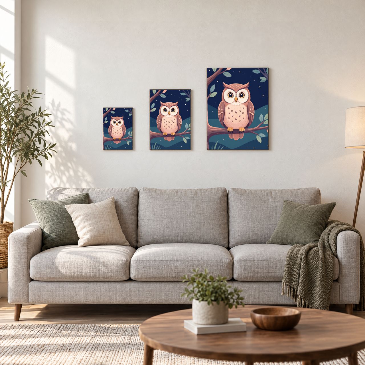 Holzposter Eule auf Ast in drei Größen, A4, A3 und A2, an der Wand über dem Sofa