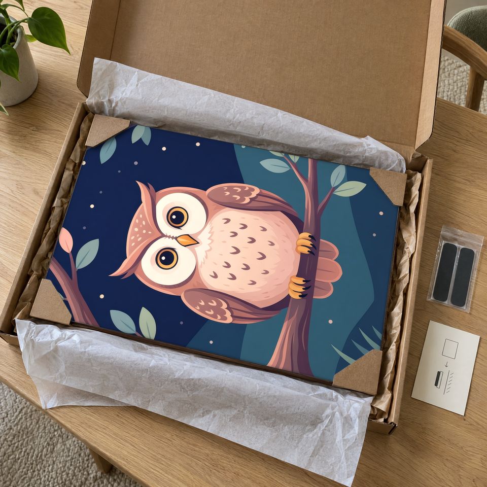 Holzposter Eule auf Ast im Paket: mit Kantenschutz an allen vier Ecken und Seidenpapier verpackt