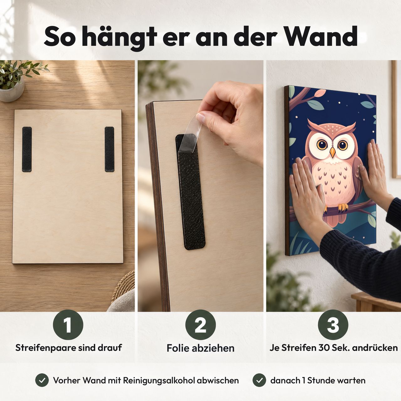 Holzposter Eule auf Ast in 3 Schritten an der Wand: Streifen sind drauf, Folie abziehen, andrücken