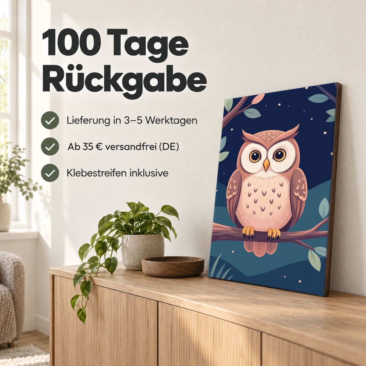 Holzposter Eule auf Ast: 100 Tage Rückgabe, Lieferung in 3–5 Werktagen, Klebestreifen inklusive