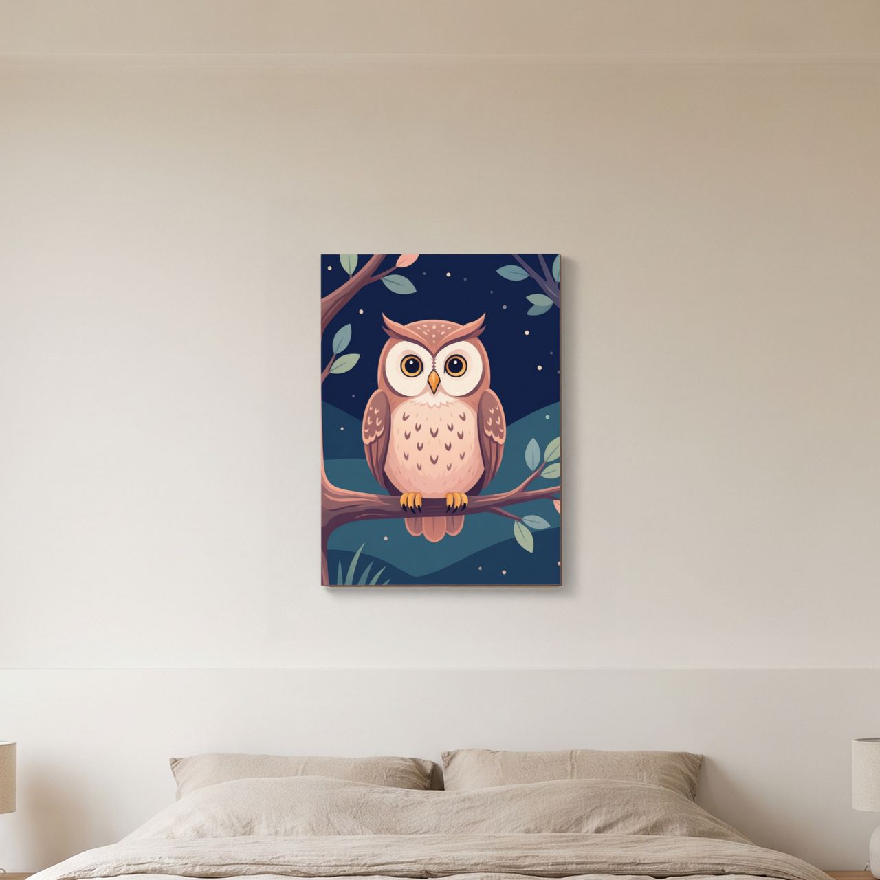 Das Holzposter im Schlafzimmer, neben einem Nachttisch und einer Lampe