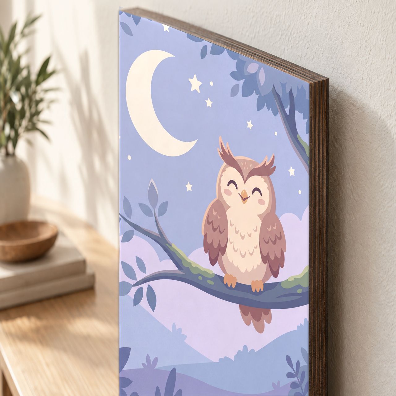 Holzposter Eule unter dem Mond aus echtem Holz, 8–10 mm stark, mit sichtbarer Holzkante