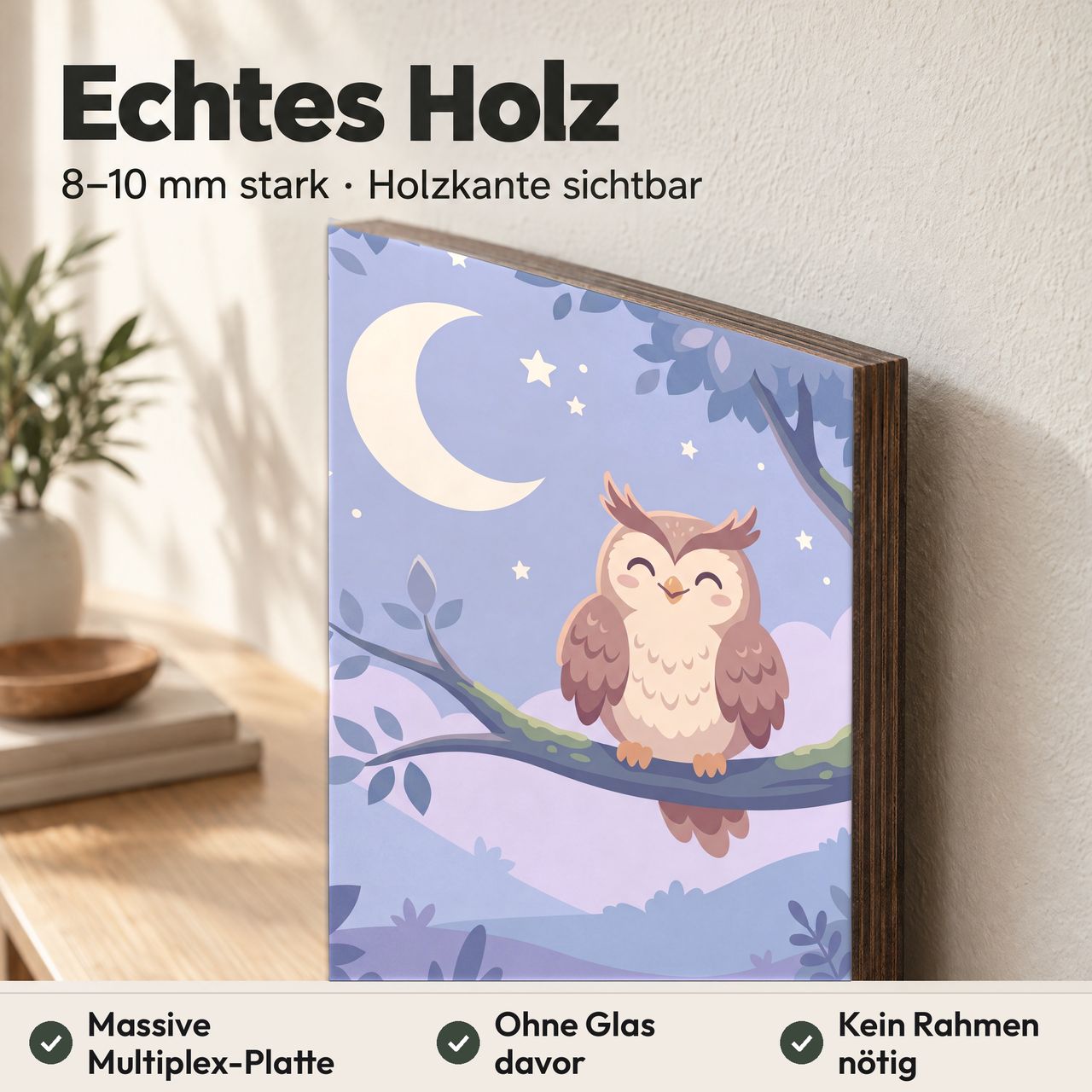 Holzposter Eule unter dem Mond aus echtem Holz, 8–10 mm stark, mit sichtbarer Holzkante