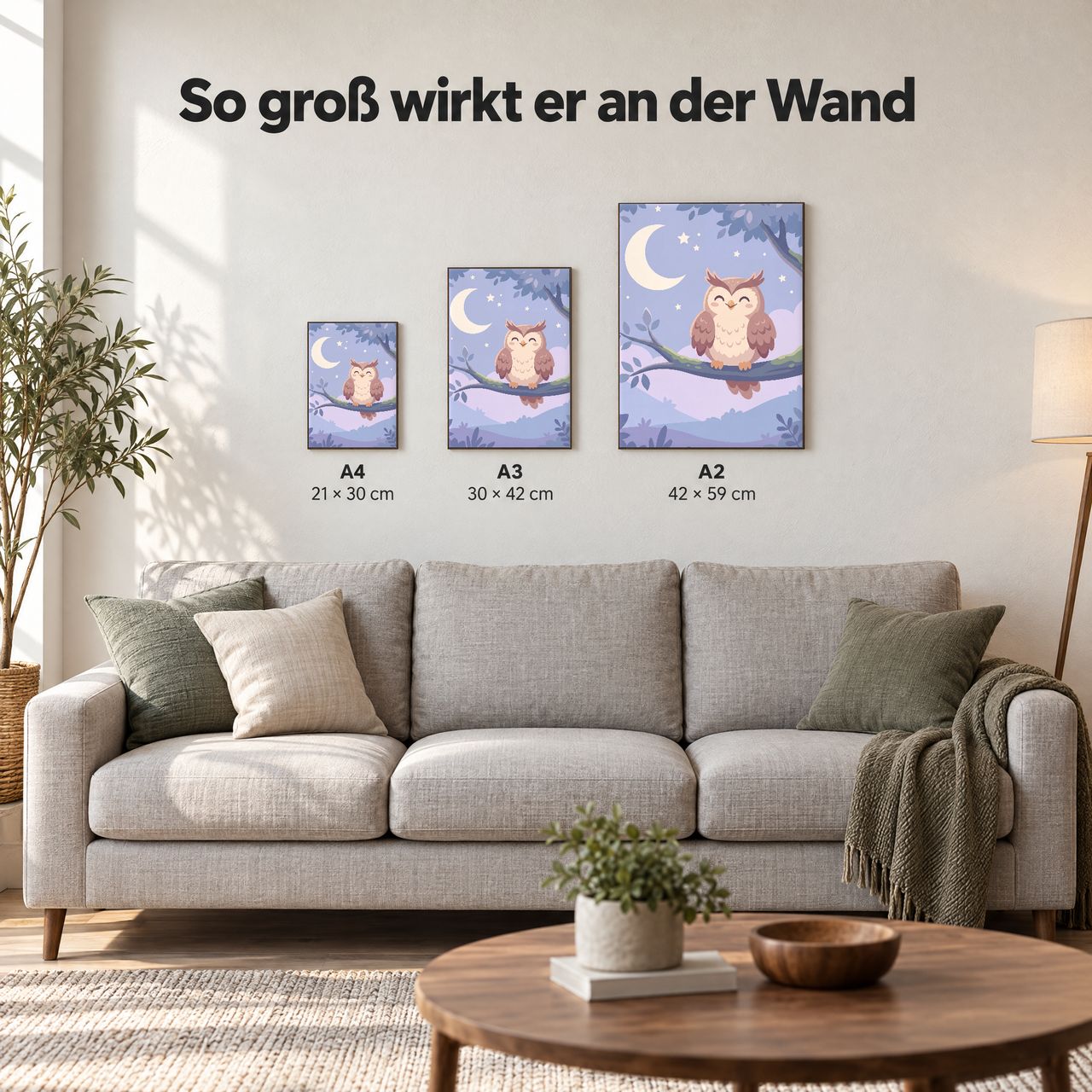 Holzposter Eule unter dem Mond in A4, A3 und A2 an der Wand über dem Sofa: so groß wirkt er