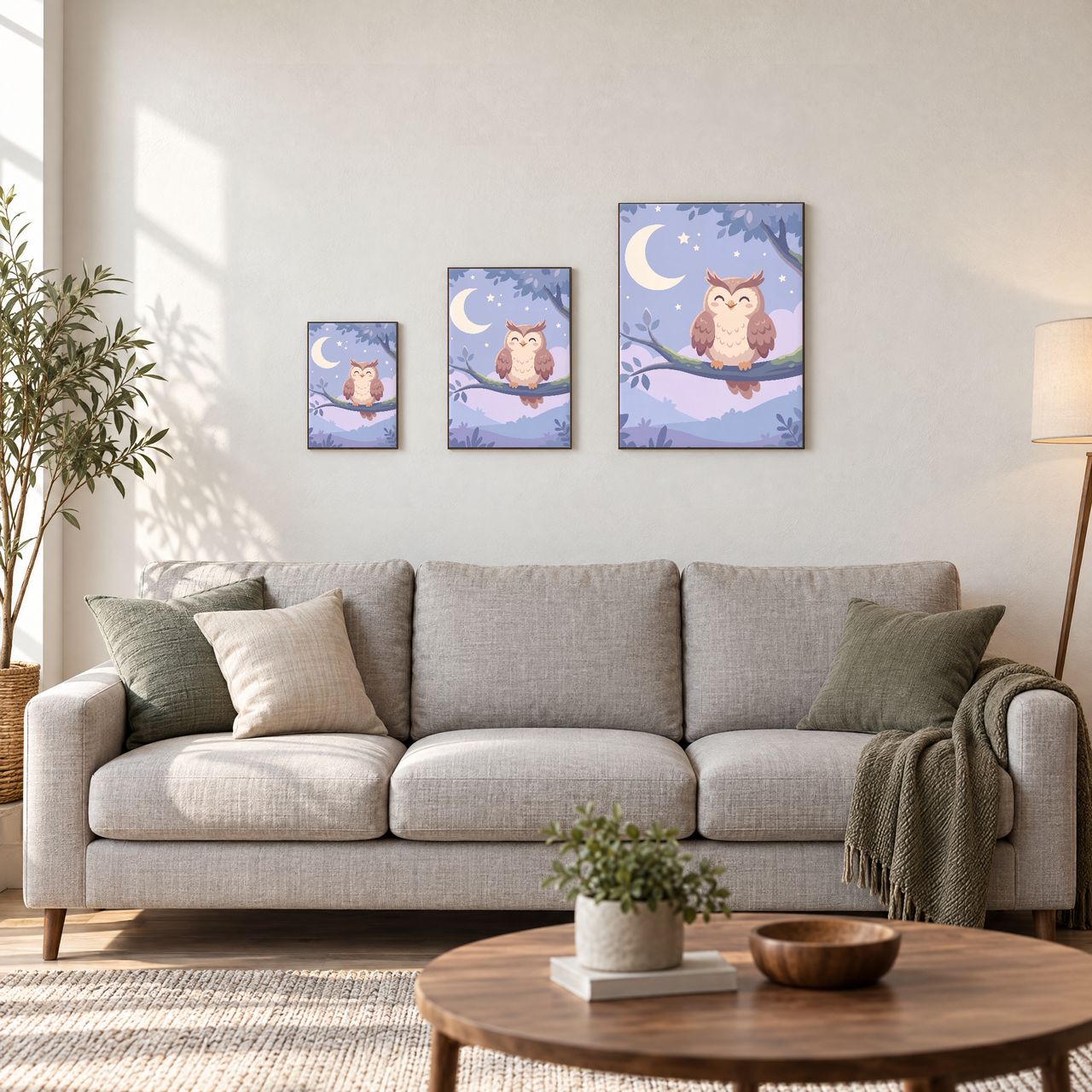 Holzposter Eule unter dem Mond in drei Größen, A4, A3 und A2, an der Wand über dem Sofa