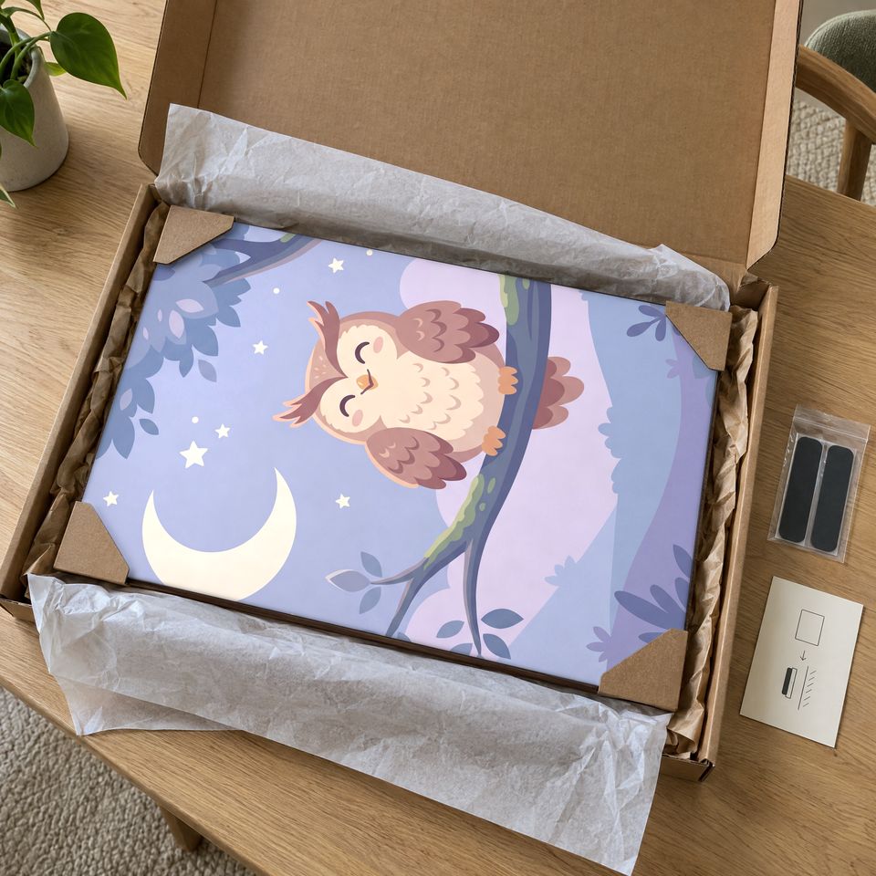 Holzposter Eule unter dem Mond im Paket: mit Kantenschutz an allen vier Ecken und Seidenpapier verpackt